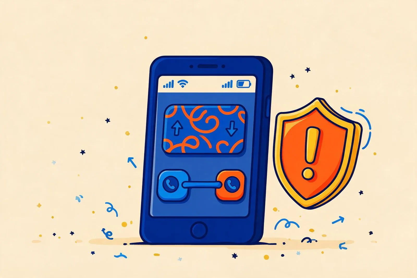 Smartphone con una chiamata in arrivo accanto a uno scudo di avviso